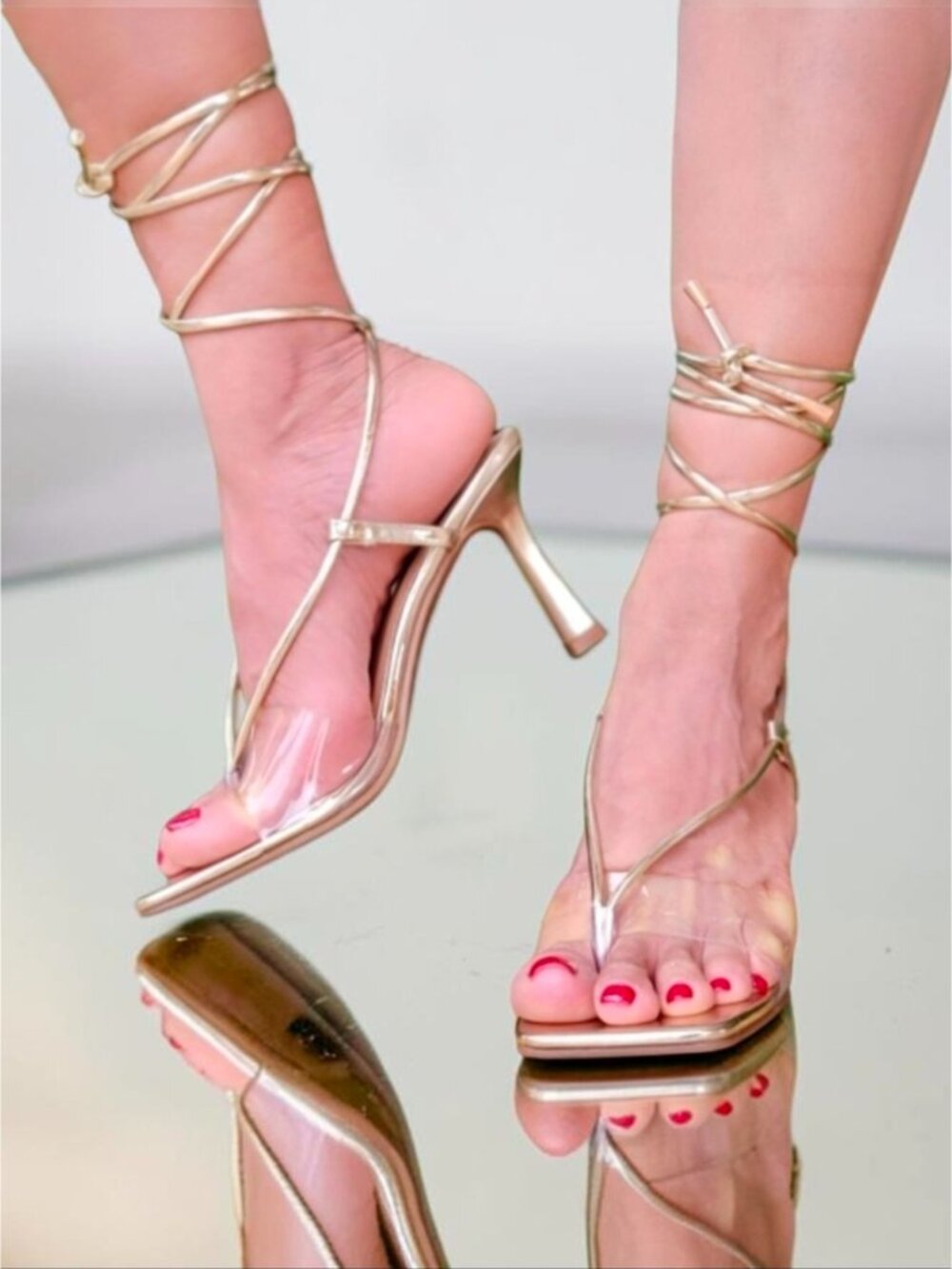 Gold Strappy Lace-Up Heeled Sandals With Clear Toe Strap For Women
